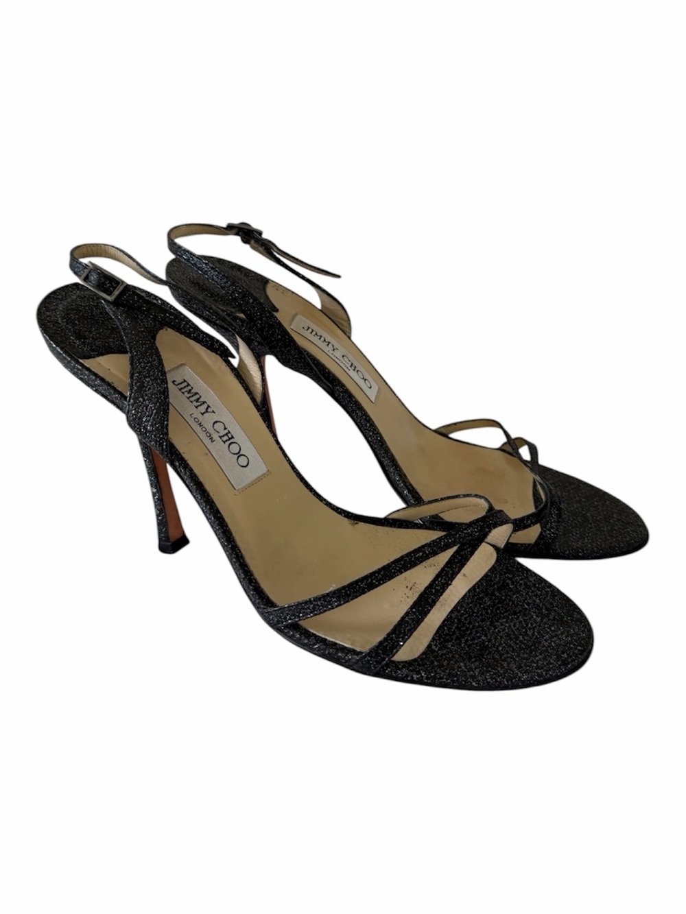 Jimmy Choo India Black Glitter Strappy Slingback Heels | EU 40